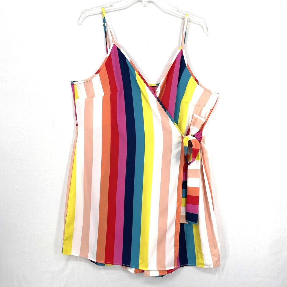 SHEIN Rainbow Romper Spaghetti Strap Striped Summer Wrap Dress Shorts Size 12